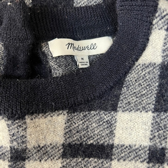 Madewell Blue Cream Plaid Button Back Crewneck Wool Sweater Size M - Picture 6 of 8